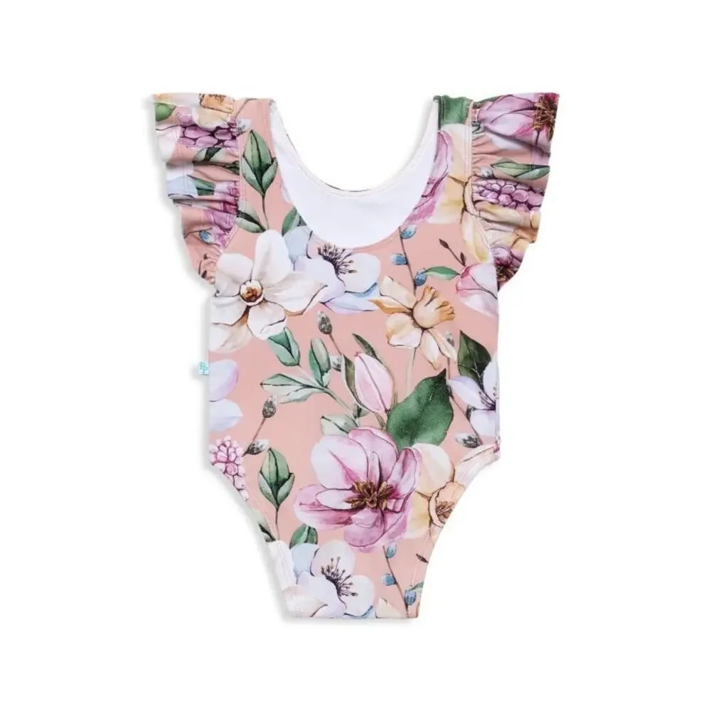 Posh Peanut Pink Floral Print Margot Ruffle One Piece Swimsuit - 12 to 18 Months